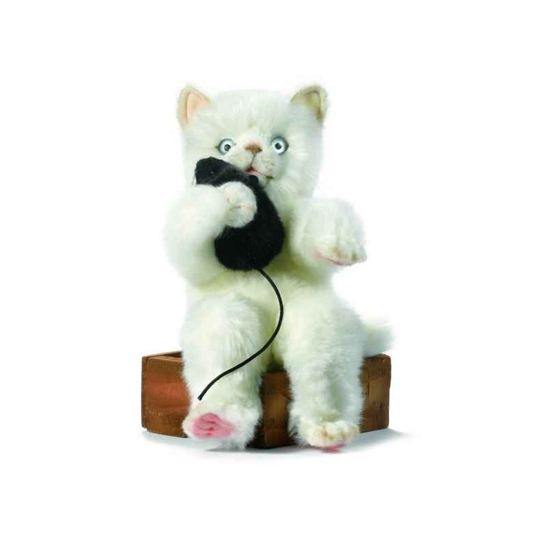 Animaux-Bois-Animaux-Bronzes.com propose Chaton blanc avec boîte et souris peluche animalière -5557