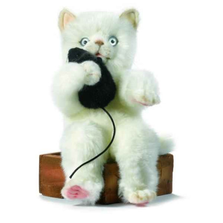 Animaux-Bois-Animaux-Bronzes.com propose Chaton blanc avec boîte et souris peluche animalière -5557