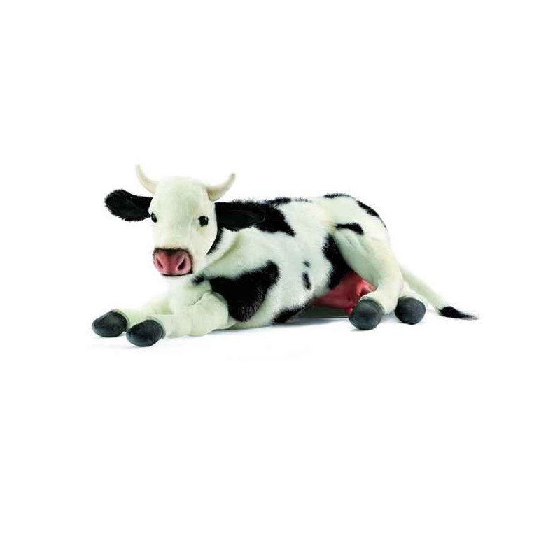 Animaux de la ferme Vache couché noire et blanche 35 cm peluche animalière -4781