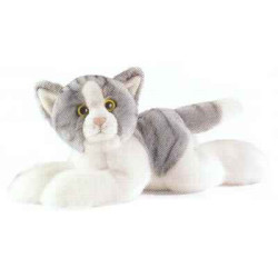 Animaux-Bois-Animaux-Bronzes.com propose Chat couché gris 30 cm peluche animalière -1952