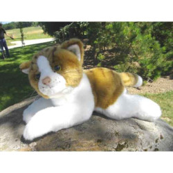 Animaux-Bois-Animaux-Bronzes.com propose Chat couché roux et blanc 30 cm peluche animalière -1950