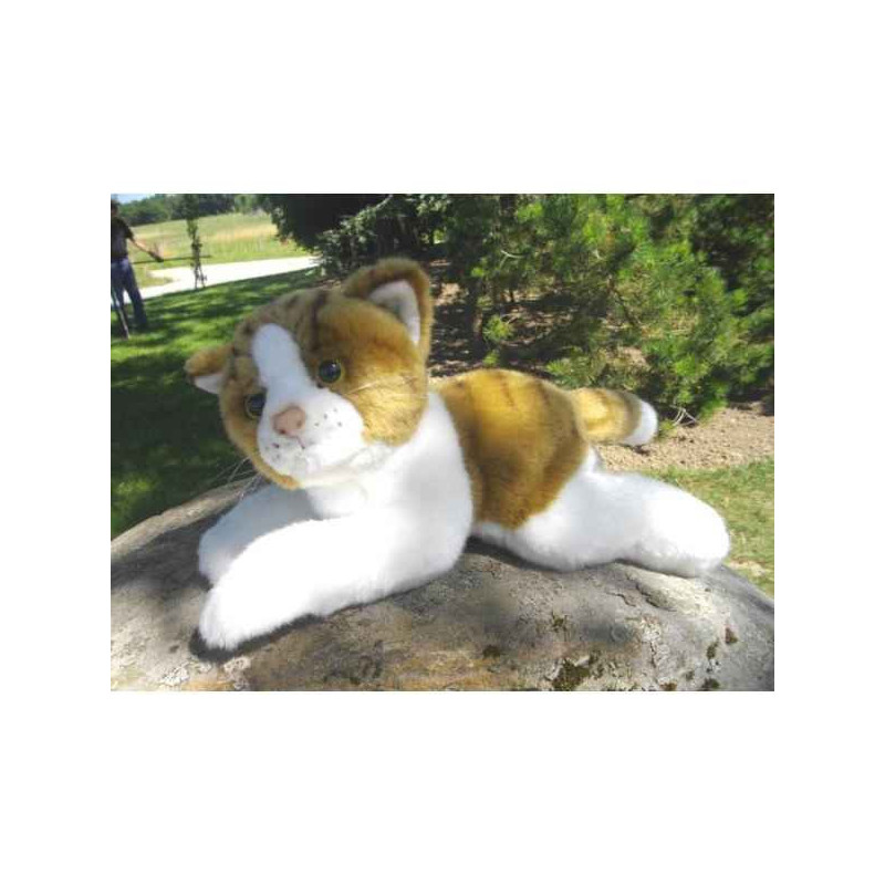 Animaux-Bois-Animaux-Bronzes.com propose Chat couché roux et blanc 30 cm peluche animalière -1950