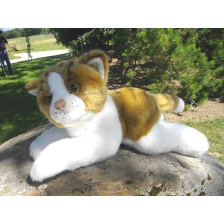 Animaux-Bois-Animaux-Bronzes.com propose Chat couché roux et blanc 30 cm peluche animalière -1950