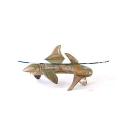 Animaux-Bois-Animaux-Bronzes propose Table basse Le requin en bois de Rauli  - 150 cm x 85 cm x 43 cm - verre trempé, bord poli 