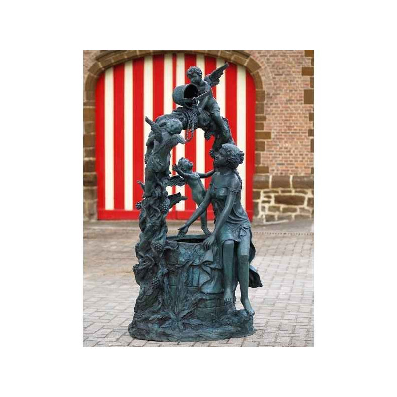 Décoration Statuette bronze personnage Femme et anges sur source d'eau bronze -B74070