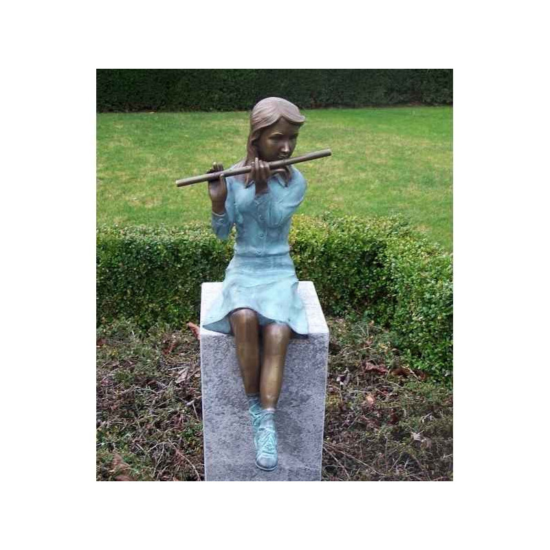 Décoration Statuette bronze personnage Fille avec flûte -AN1552BRW-V