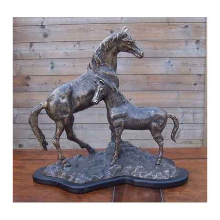 Décors Animaux en Bronze 2 chevaux/ base en bois -AN0083BR-BI