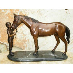 Statuette bronze cavalière fille et cheval sur base en marbre -AN1018BR-B