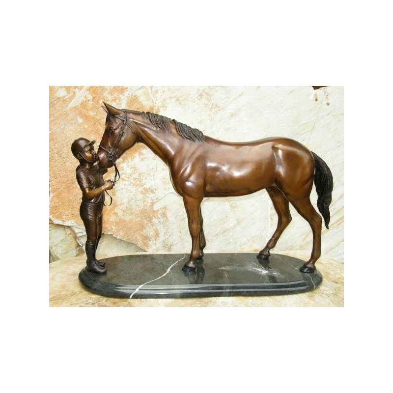 Statuette bronze cavalière fille et cheval sur base en marbre  -AN1018BR -B