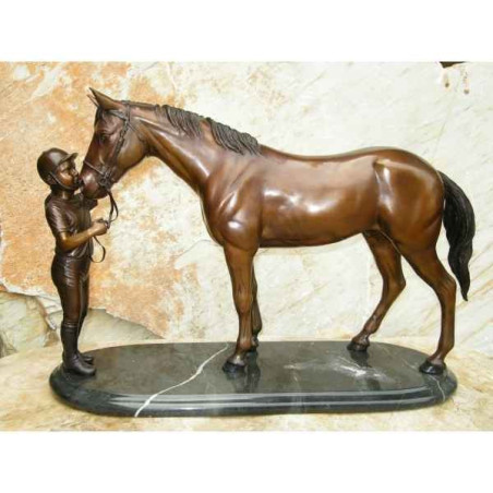 Statuette bronze cavalière fille et cheval sur base en marbre  -AN1018BR -B