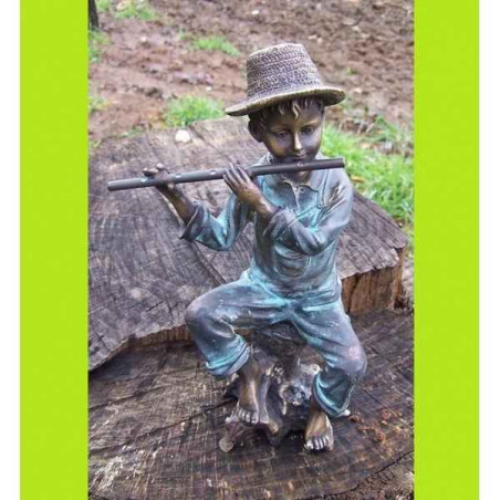 Décoration Statuette bronze personnage Garcon avec flûte -AN1054BRW-V-S