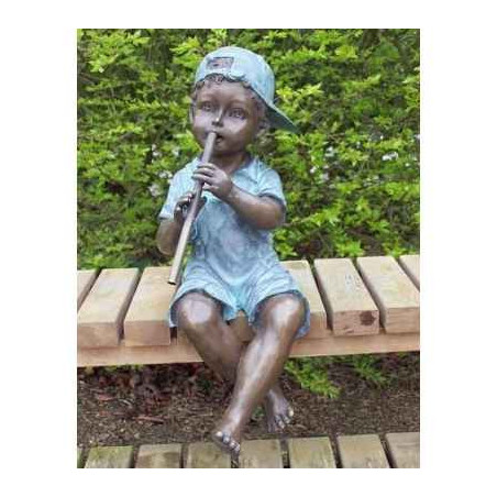 Décoration Statuette bronze personnage Garçon avec flûte -AN1391BRW-V