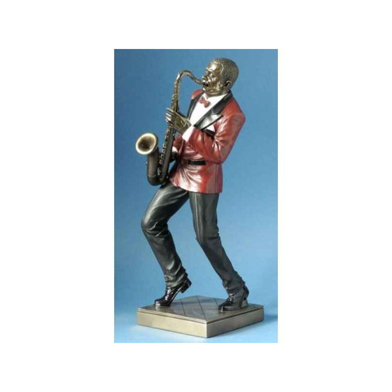 Décoration Statue résine Musicien jazz saxophone veste rouge -WU76218