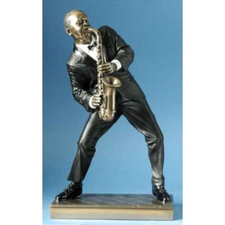 Décoration Statue résine Musicien jazz alto saxo veste rouge -WU76545