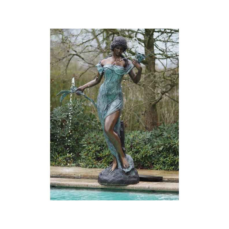Décoration Statuette bronze personnage Femme avec fleurs fontaine bronze -B29380