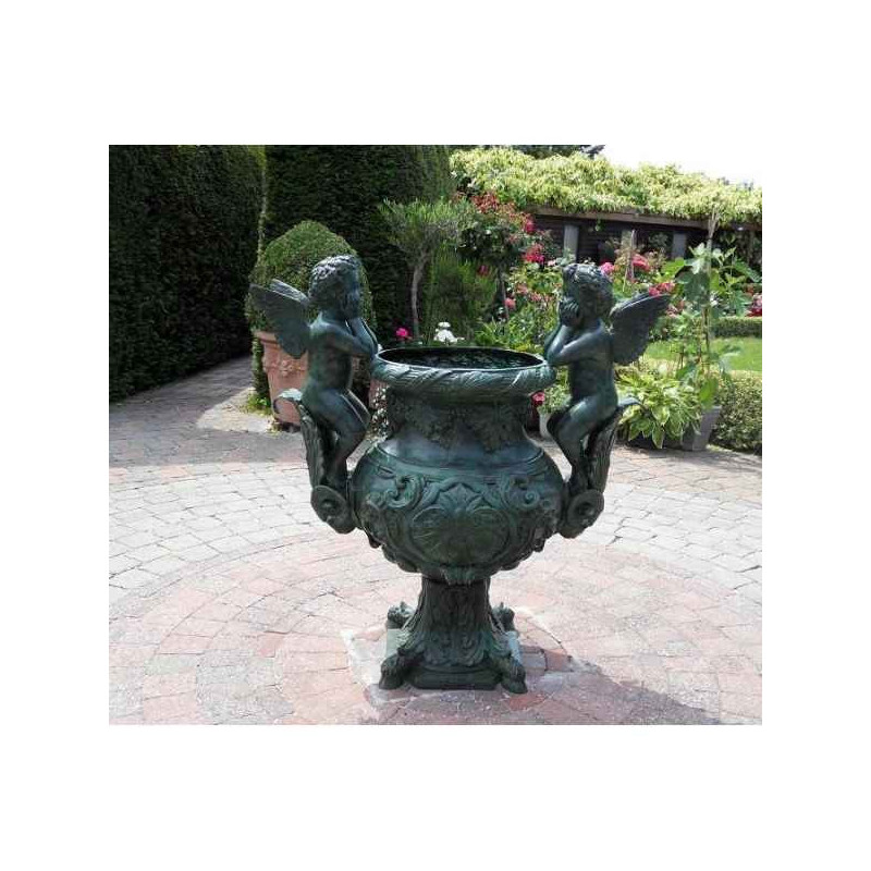 Décoration Statuette bronze personnage Vase avec 2 anges -B343