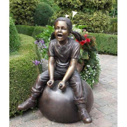 Décoration Statuette bronze personnage Fille sur ballon à sauter -B952