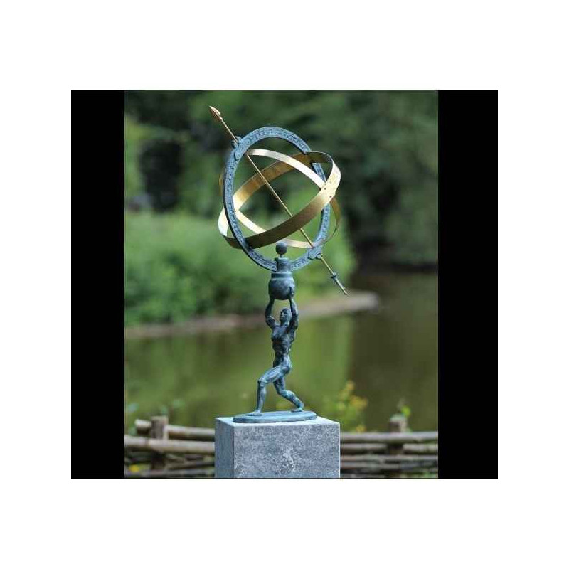 Décoration Statuette bronze personnage Homme tient cadran solaire -GA1165BR-V