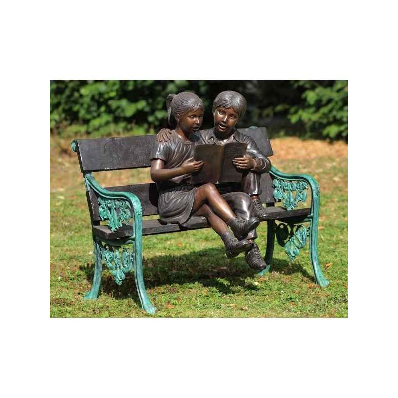 Décoration Statuette bronze personnage 2 enfants sur banc -B749
