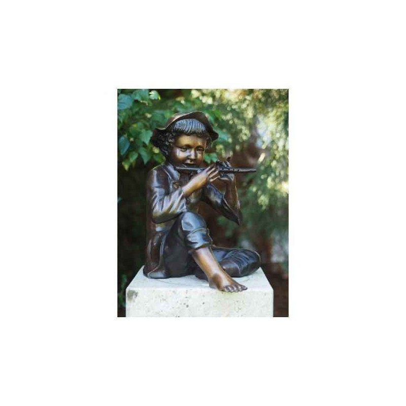 Décoration Statuette bronze personnage Sculpture garçon avec flûte en bronze  -b57670
