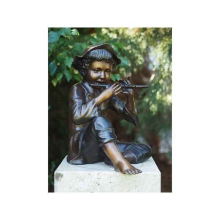 Décoration Statuette bronze personnage Sculpture garçon avec flûte en bronze  -b57670