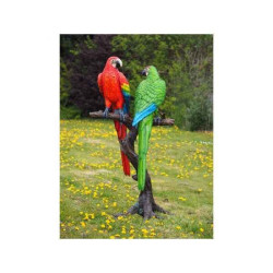 Sculpture 2 perroquets colorés sur tronc d\'arbre en bronze thermobrass -b1147-1