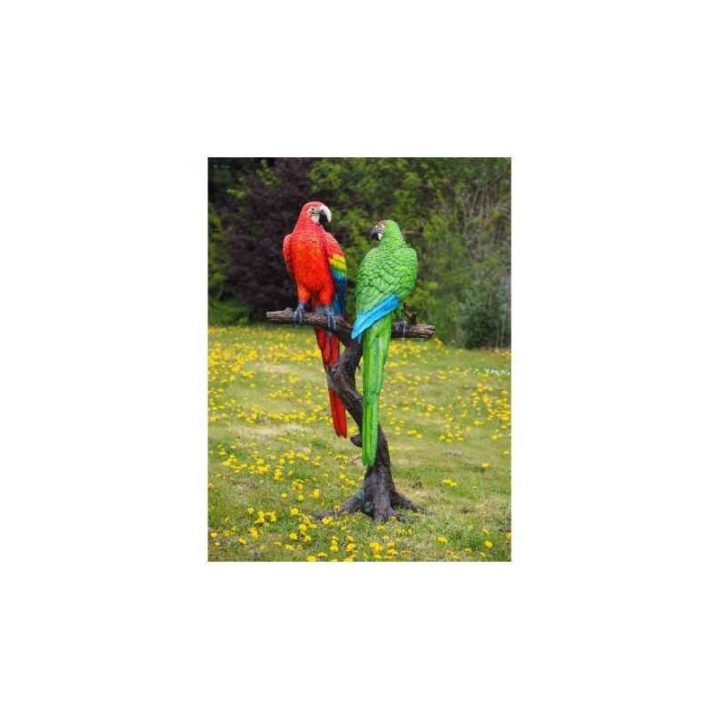 Sculpture 2 perroquets colorés sur tronc d\'arbre en bronze thermobrass -b1147-1