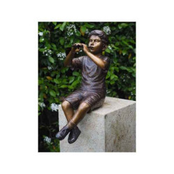 Décoration Statuette bronze personnage Sculpture garçon avec flûte en bronze  -b1229