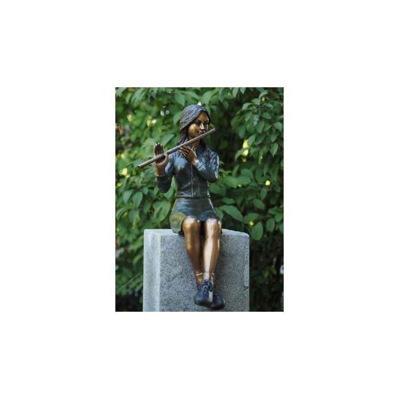Décoration Statuette bronze personnage Sculpture fille assise avec flûte en bronze  -an1259br-v-f