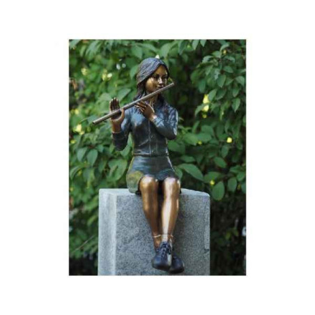 Décoration Statuette bronze personnage Sculpture fille assise avec flûte en bronze  -an1259br-v-f