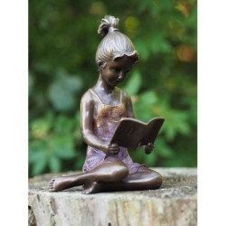 Décoration Statuette bronze personnage Sculpture petite fille avec livre patine chaud en bronze  -an0803br-hp