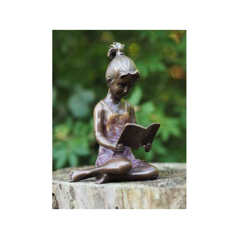 Décoration Statuette bronze personnage Sculpture petite fille avec livre patine chaud en bronze  -an0803br-hp