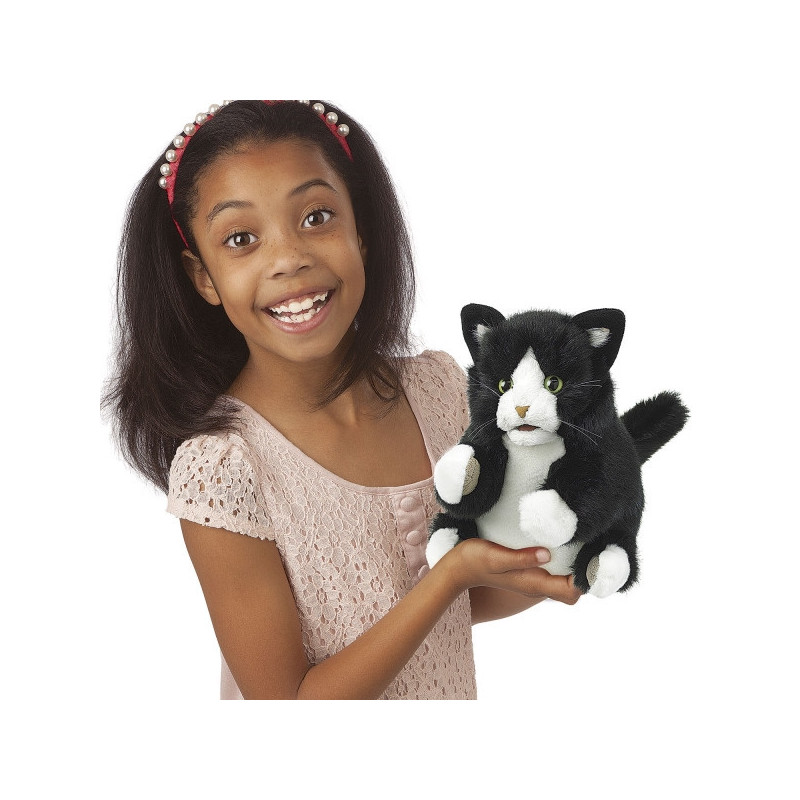Animaux-Bois-Animaux-Bronzes.com propose Chaton noir et blanc tuxedo marionnette 