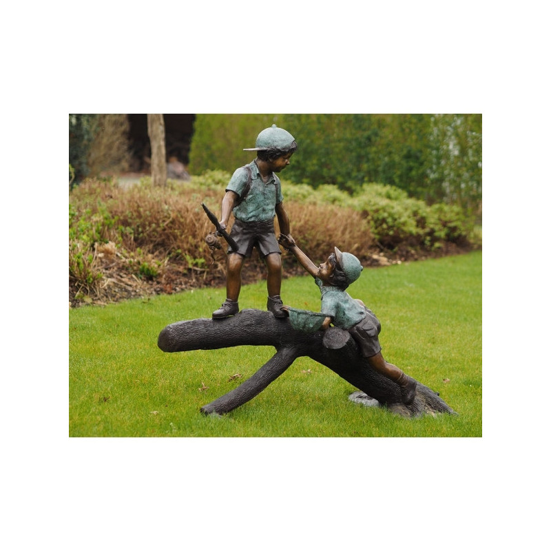 Décoration Statuette bronze personnage 2 garçons pêchant sur branche bronze -B57205