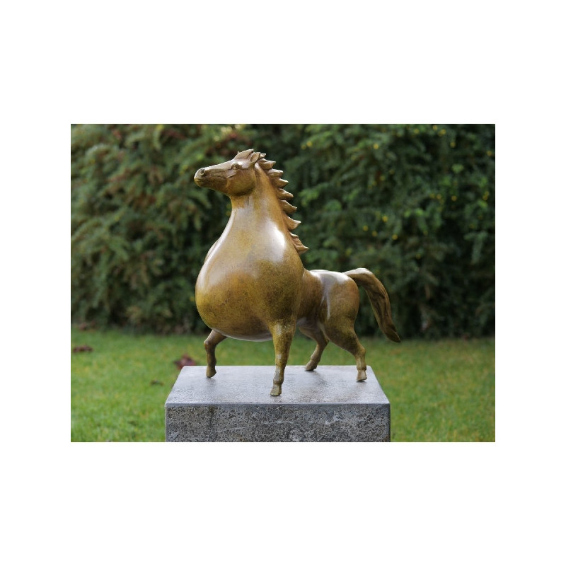 Statue bronze cheval vert patiné à chaud -B91142