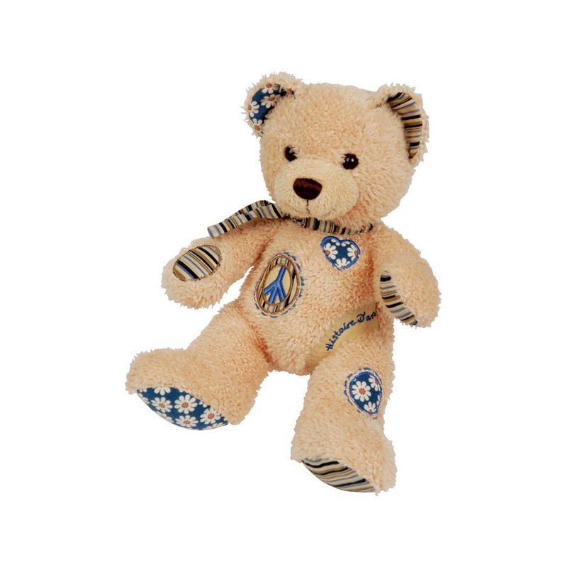 Animaux-Bois-Animaux-Bronzes propose Peluche Ours Peace and Love Beige et Marine - ho1134