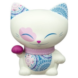 Animaux-Bois-Animaux-Bronzes.com propose Chat mani porte-bonheur blanc et bleu patte fuschia - lucky cat 11 cm 063