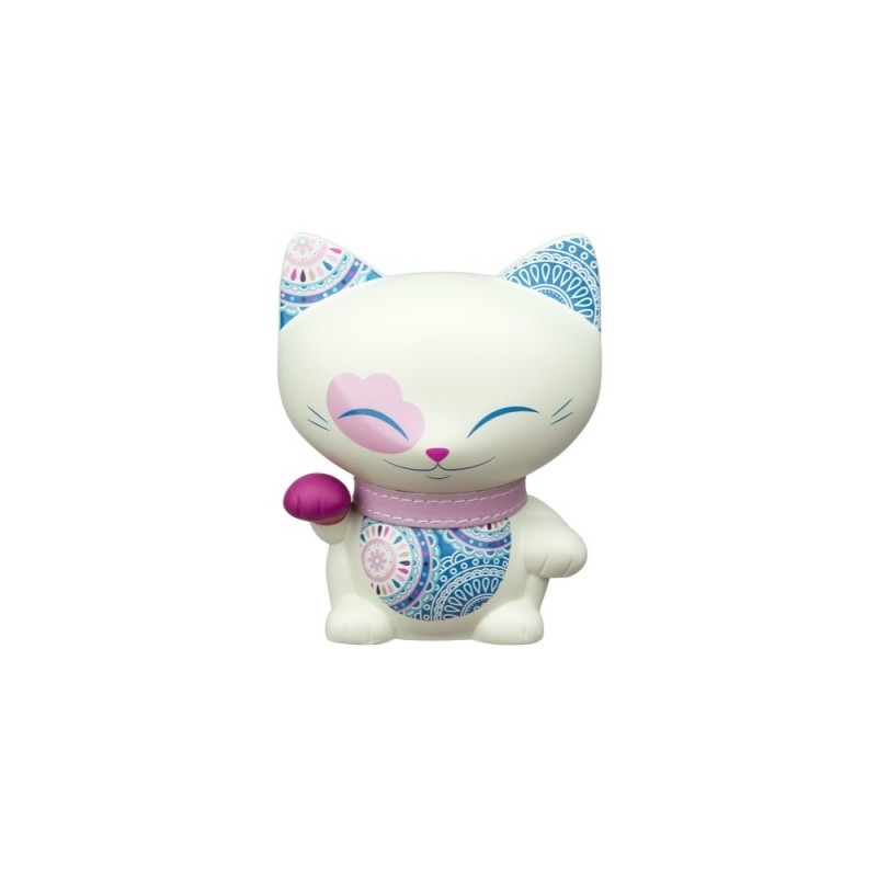 Chat mani porte-bonheur blanc et bleu patte fuschia - lucky cat 11 cm 063