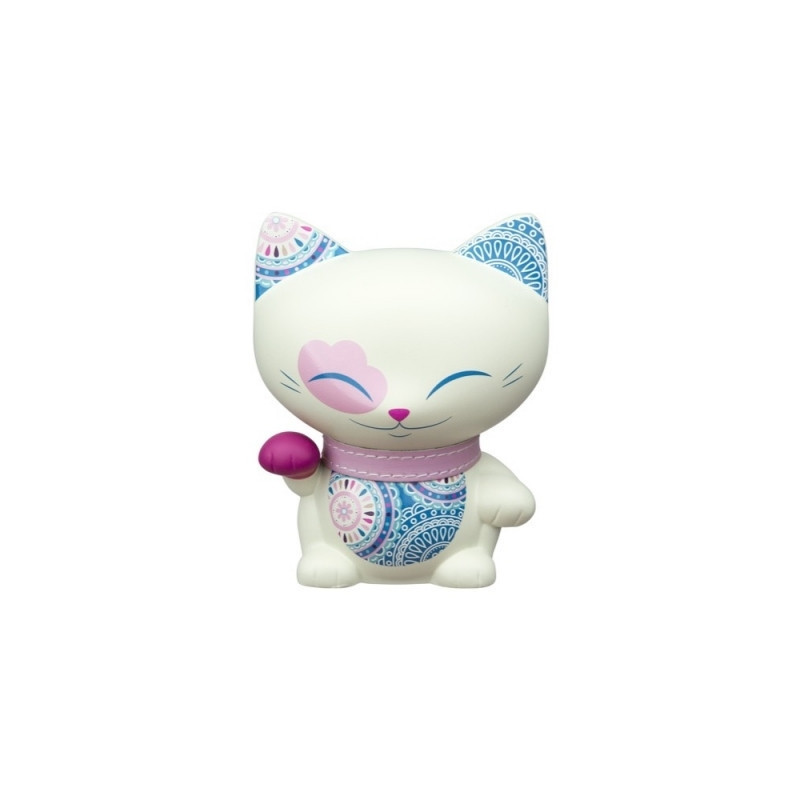 Animaux-Bois-Animaux-Bronzes.com propose Chat mani porte-bonheur blanc et bleu patte fuschia - lucky cat 11 cm 063