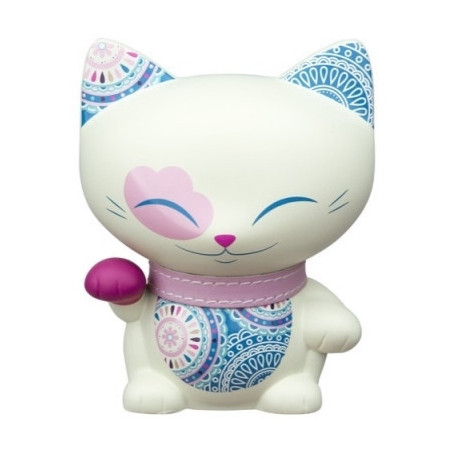 Chat mani porte-bonheur blanc et bleu patte fuschia - lucky cat 11 cm 063