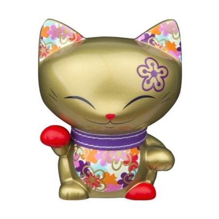 Animaux-Bois-Animaux-Bronzes.com propose Chat mani porte-bonheur doré patte rouge - lucky cat 11 cm 061
