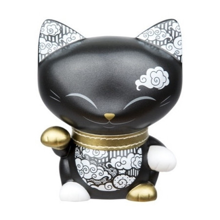 Animaux-Bois-Animaux-Bronzes.com propose Chat mani porte-bonheur noir patte dorée - lucky cat 11 cm 062