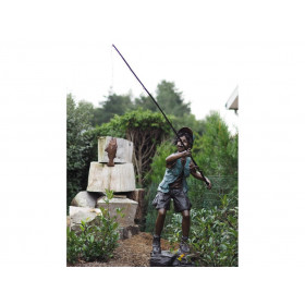 Statue bronze garçon sur un rocher en train de pêcher -B57160