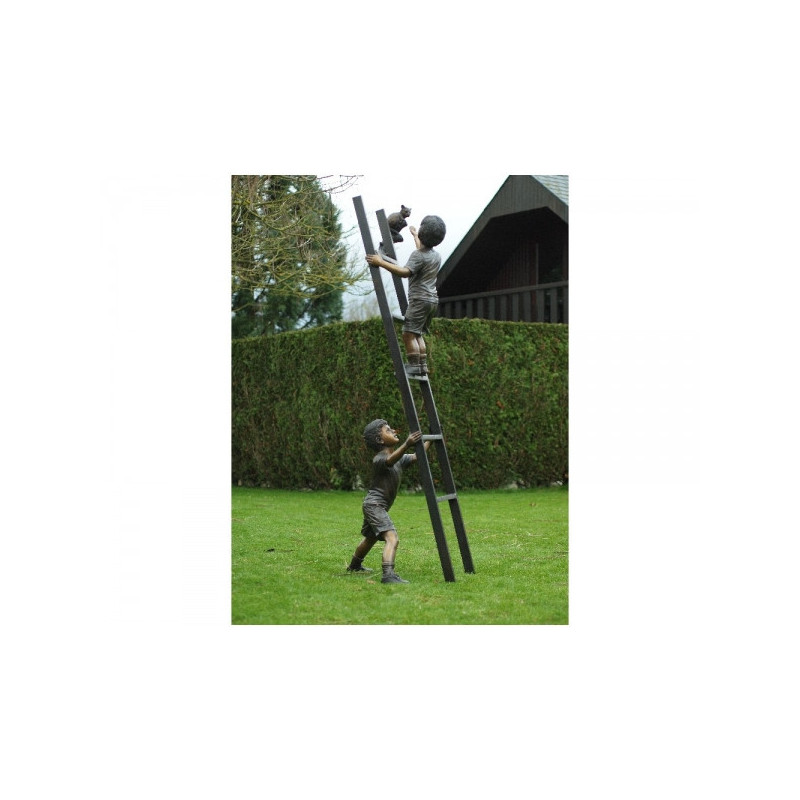 Décors Animaux en Bronze Statue bronze 2 enfants sur une échelle avec un chat -B1289
