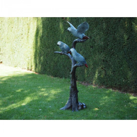 Statue bronze 3 perroquets gris sur un arbre -B1375